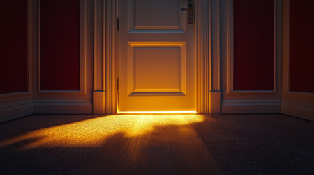 Door illuminated by yellow light in empty room, 3D renderingの素材