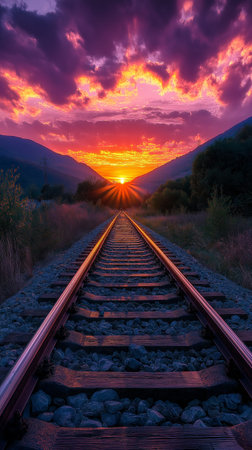 Railway tracks at sunset in the mountains. Beautiful landscape with railroad.の素材