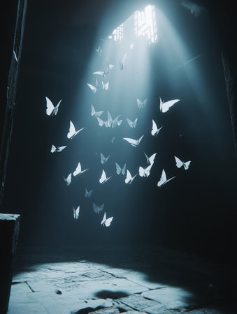 Silhouette of a flock of white butterflies in a dark roomの素材