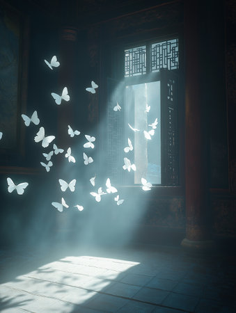 Paper butterflies flying in a dark room with sunlight coming through the windowの素材