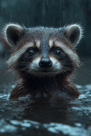 Portrait of a raccoon in the rain on a dark backgroundの素材
