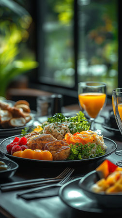Fried chicken breast with rice and fruits on a black plate.の素材