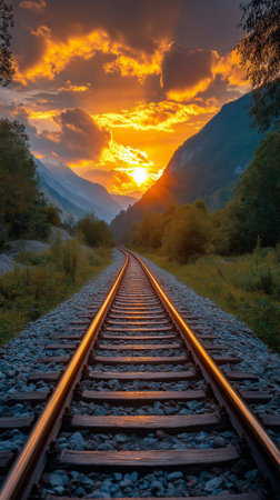 Railway tracks in the mountains at sunset. Beautiful nature landscape.の素材