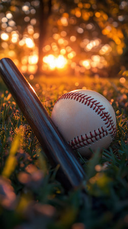 Baseball and bat on the green grass with bokeh backgroundの素材