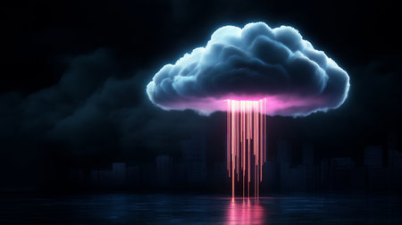 3D rendering of a cloud with lightning and a city in the backgroundの素材