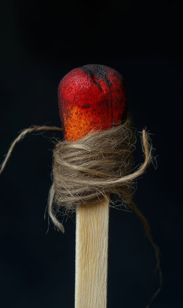 Wooden match with burnt matchstick on a black background. Macroの素材