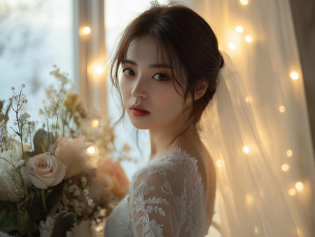 Portrait of a beautiful asian woman in white wedding dress.の素材