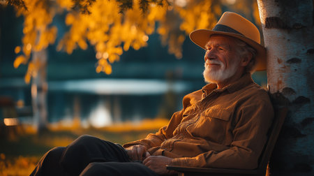 Elderly man sitting on a bench in the park at sunset.の素材