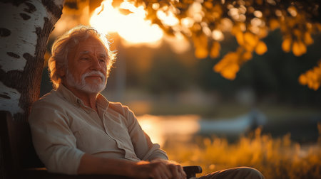Portrait of a senior man sitting in a park at sunset.の素材