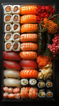 Sushi set in plastic box on black background. Top view.の素材