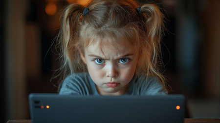Cute little girl looking at the camera while using a laptop at homeの素材