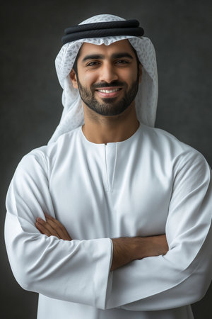 Portrait of handsome arabic man with arms crossed and smilingの素材