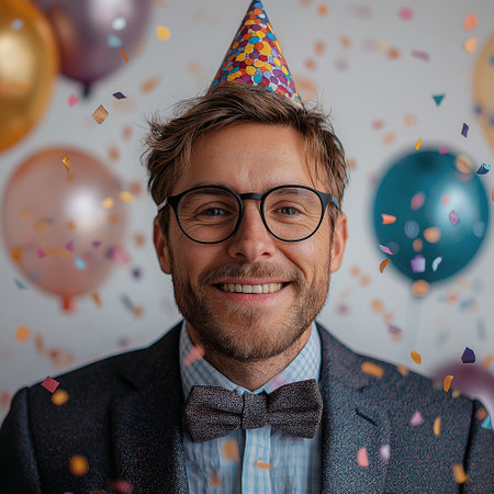 Handsome man with party hat and glasses celebrating his birthday.の素材
