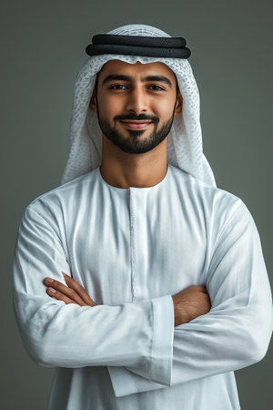 Portrait of handsome arabian man with crossed arms looking at cameraの素材
