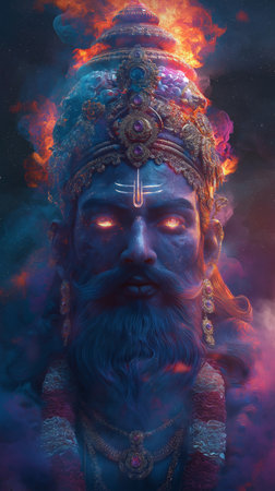 Hindu God Ganesha, close-up portrait with fire and smoke.の素材