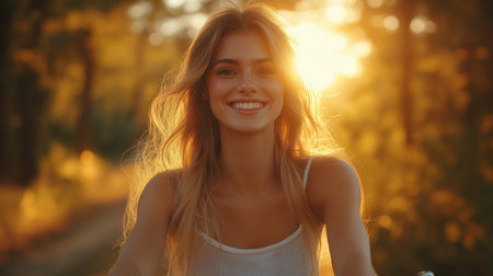 Portrait of a beautiful smiling girl in the park at sunset.の素材