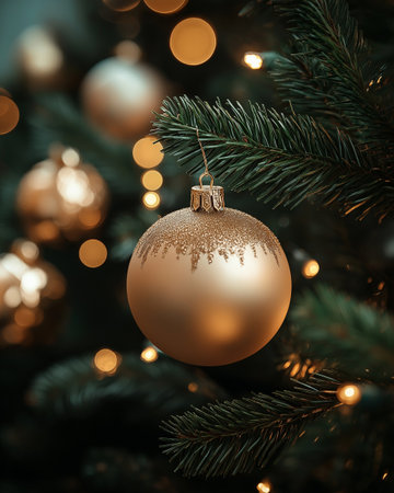 Christmas tree with golden bauble on blurred lights background, closeupの素材