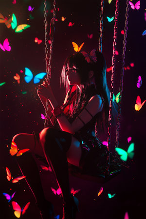 Beautiful young woman sitting on a swing with butterflies in the darkの素材