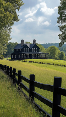 Old farm house in the countryside of Maryland.  The house is surrounded by a fence.の素材