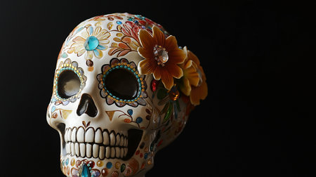 Day of the Dead sugar skull with floral ornament on black background.の素材
