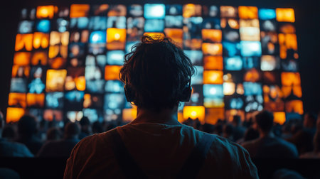 Back view of man looking at movie screen in cinema hall at nightの素材