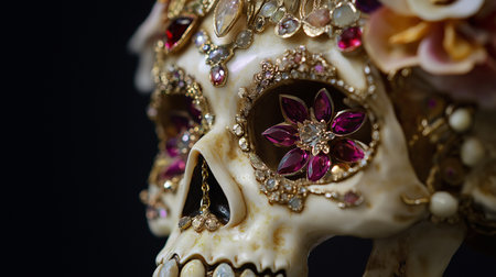 Close up of a sugar skull with multicolored gemstones.の素材