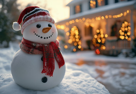 Snowman in red hat and scarf on the background of Christmas decorations.の素材