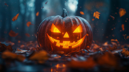Halloween pumpkin with scary face in the forest. 3D renderingの素材