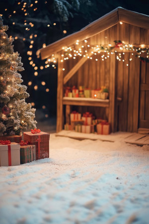 Christmas tree and gifts on the background of a wooden house in the snowの素材