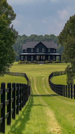 Country house with black fence and green grass in front of it.の素材