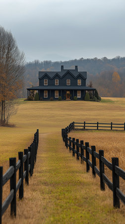 Wooden house in a rural setting in the fall with a fenceの素材