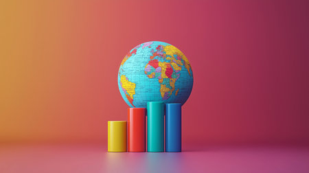 3d render of a globe with colorful books on a pink backgroundの素材