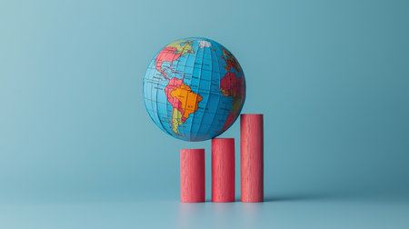 Globe and red bar chart on blue background, 3d renderの素材