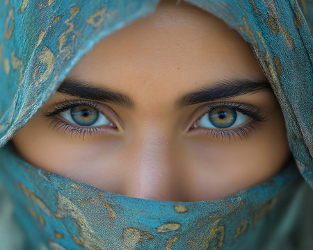 Close up portrait of beautiful young muslim woman with blue eyes.の素材