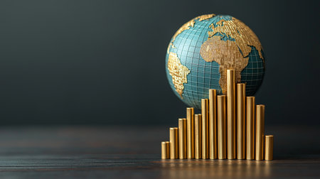 Globe and golden bar graph on wooden table. Global business conceptの素材