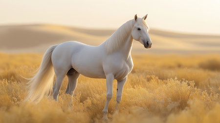 White horse galloping in the field at sunset. 3d renderingの素材