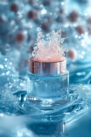 Cosmetic cream with water splash on blue background. Beauty concept.の素材