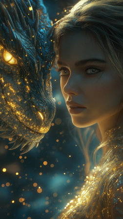 Fantasy portrait of a beautiful girl with a dragon in the form of a fairy tale. 3d rendering.の素材