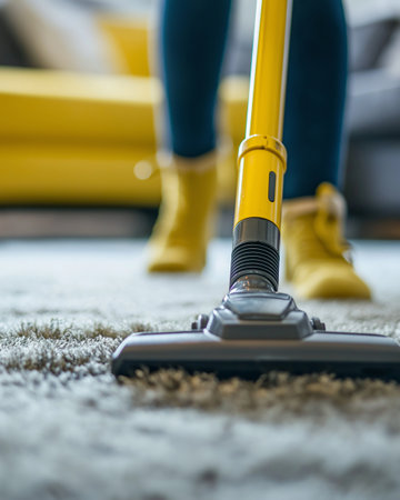Close up of woman in yellow rubber boots with vacuum cleaner at homeの素材