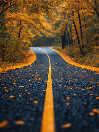 Autumn landscape with asphalt road in the forest. Nature background.の素材