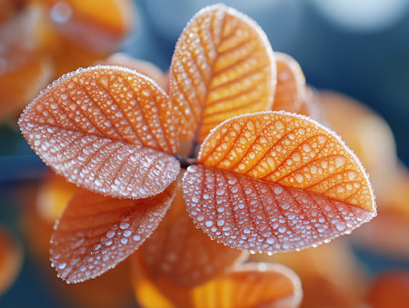 Close up of a beautiful orange leaf with water droplets in the morningの素材