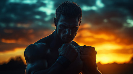 Athletic man with boxing gloves on a sunset background.の素材