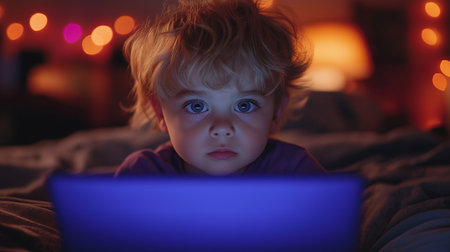 Cute little boy with blond hair and blue eyes using a laptop computer while lying on the bed at homeの素材