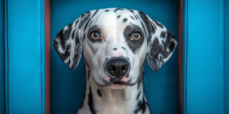Dalmatian dog in a blue box close-up.の素材
