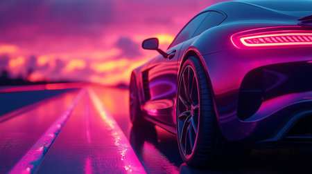 Sports car on the road at sunset. 3d rendering. toning.の素材