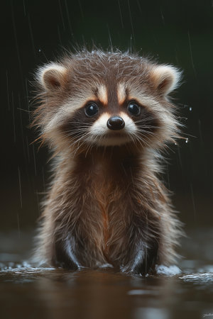 Portrait of a cute raccoon in the rain. Wildlife animal.の素材