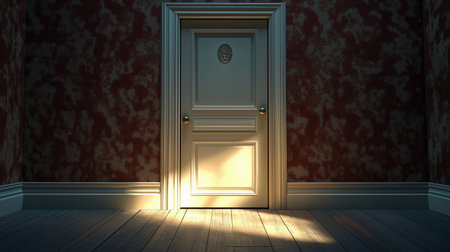 3D rendering of a room with a door and a classic wallpaperの素材