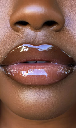 Close-up of a black woman's lips with shiny lipstick.の素材