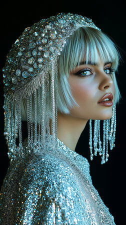 Fashion portrait of beautiful blonde woman with professional make-up and silver jewelry.の素材