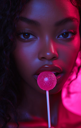 beautiful african american woman with lollipop in neon lightの素材